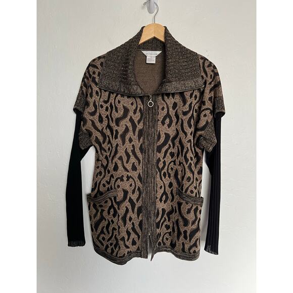 Misook Jackets & Blazers - Misook Sweater Jacket Medium Full Zip Black Brown Animal Leopard Print Acrylic